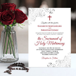 Elegant Crimson Red & Gray Modern Catholic Wedding Invitation
