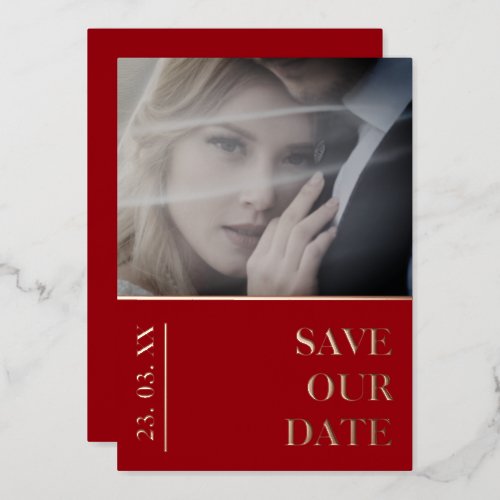 Elegant Crimson Red Photo Wedding Save the Date Foil Holiday Card