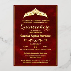 Elegant Crimson Red Quinceañera 15th Birthday Foil Invitation