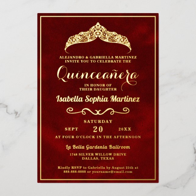 Elegant Crimson Red Quinceañera 15th Birthday Foil Invitation (Front)