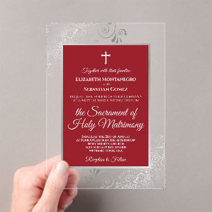 Elegant Crimson Red & Silver Chic Catholic Wedding Acrylic Invitations