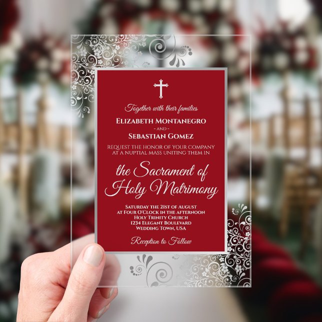 Elegant Crimson Red & Silver Chic Catholic Wedding Acrylic Invitations (Creator Uploaded)