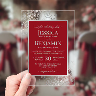 Elegant Crimson Red & Silver Stylish Text Wedding Acrylic Invitations