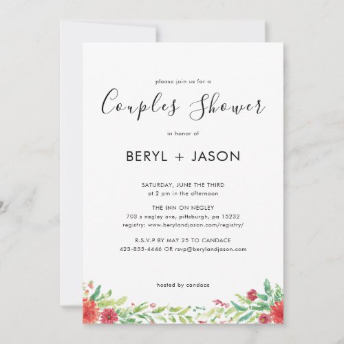 Elegant Crimson Watercolor Floral Couples Shower Invitation