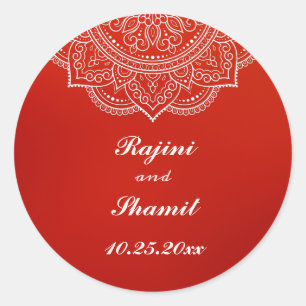Elegant Crimson White Indian Paisley Wedding Classic Round Sticker
