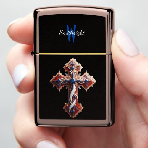 Elegant Cross Adorned With Blue and Red Jewels Zippo Lighter