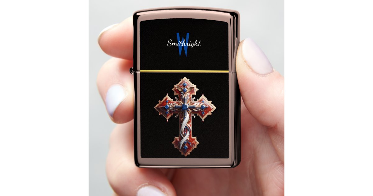 Elegant Cross Adorned With Blue and Red Jewels Zippo Lighter | Zazzle