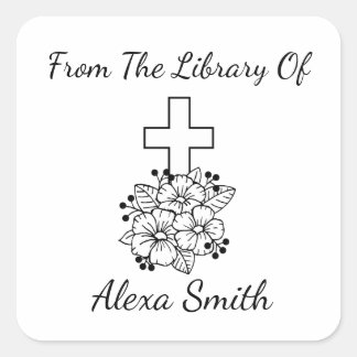 Elegant Cross and Flowers Personalized Bookplate