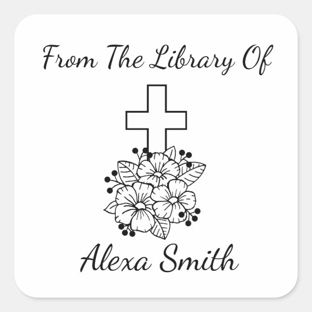 Elegant Cross and Flowers Personalized Bookplate (Front)