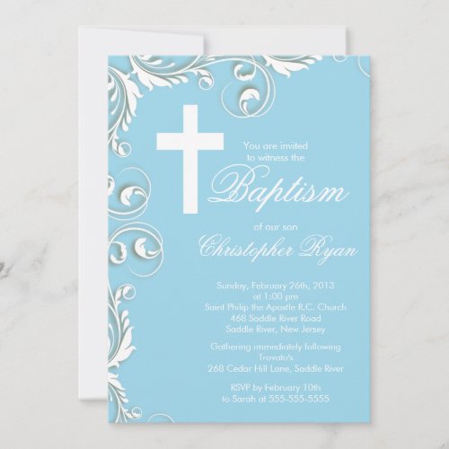 Elegant Cross Baby Boy Baptism Christening Personalized Announcements