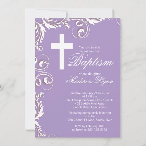 Elegant Cross Baby Girl Baptism Christening Custom Invites