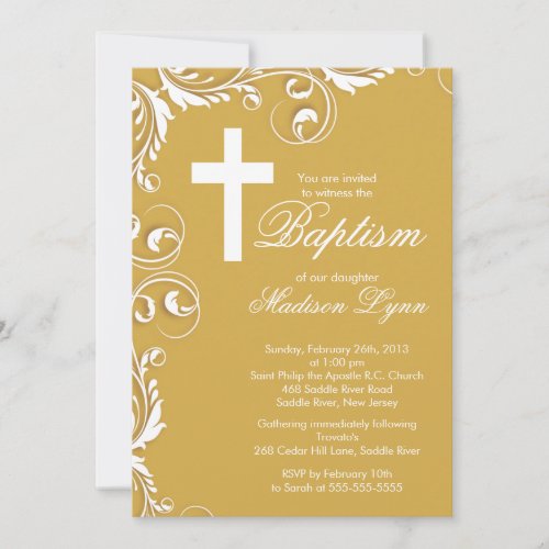 Elegant Cross Baby Girl Baptism Christening Custom Invitation