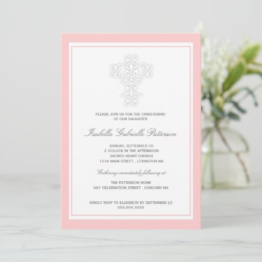 Elegant Cross Baby Girl Christening Invitation | Zazzle