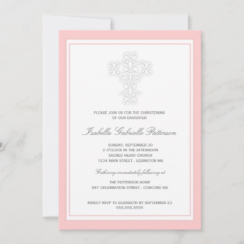 Elegant Cross Baby Girl Christening Invitation