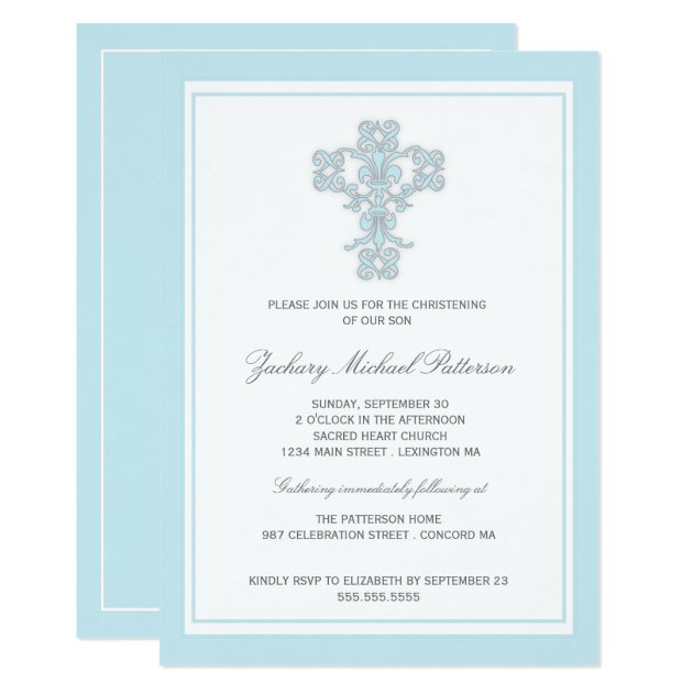 Elegant Cross Blue Baby Boy Christening Invitation