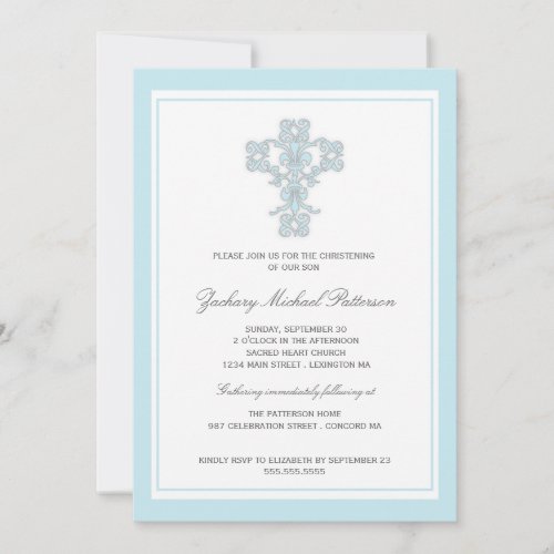 Elegant Cross Blue Baby Boy Christening Invitation