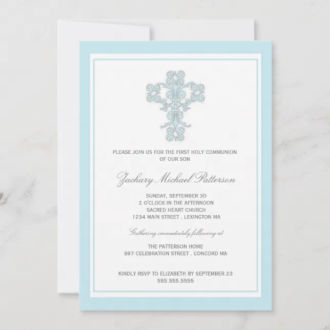 Elegant Cross Blue Boy First Communion Invitation | Zazzle