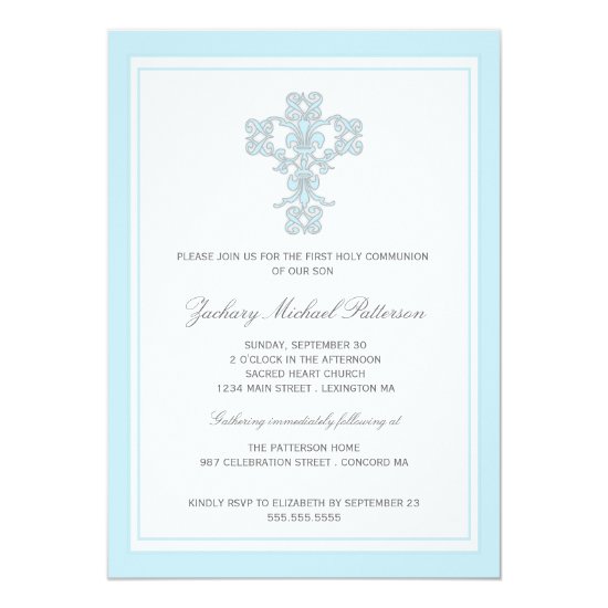 Elegant Cross Blue Boy First Communion Invitation