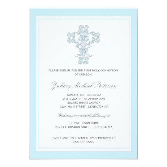 elegant cross blue boy first communion invitation zazzle com