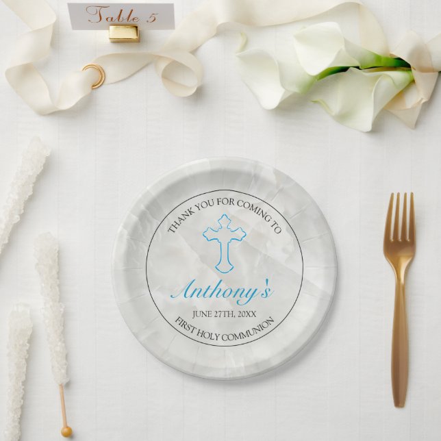 Elegant Cross Blue Boys First Communion Paper Plates (Wedding)