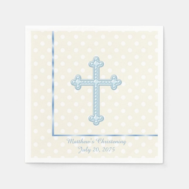 Elegant Cross Blue Christening Paper Napkins (Front)