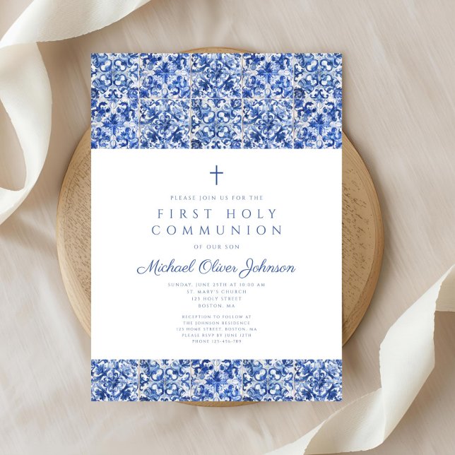 Elegant Cross Blue Tiles Boy First Communion Invitation (Elegant Cross Blue Tiles Boy First Communion Invitation )
