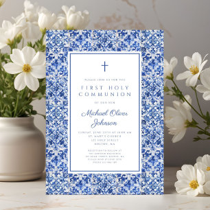 Elegant Cross Blue Tiles Boy First Communion Invitation