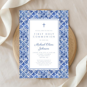 Elegant Cross Blue Tiles Boy First Communion Invitation
