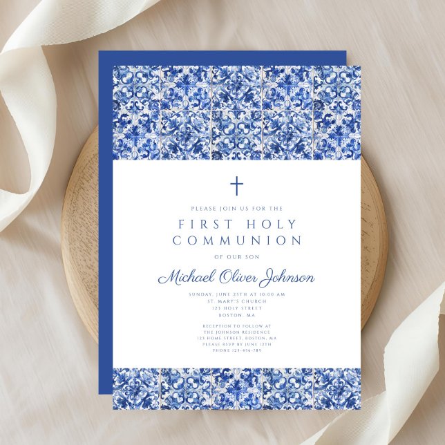 Elegant Cross Blue Tiles Boy First Communion Invitation (Elegant Cross Blue Tiles Boy First Communion Invitation )