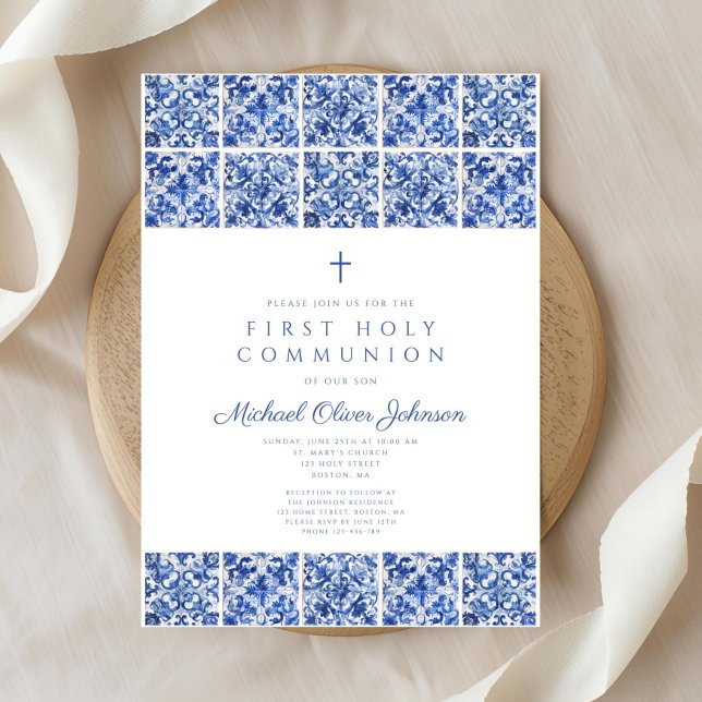 Elegant Cross Blue Tiles Boy First Communion Invitation (Elegant Cross Blue Tiles Boy First Communion Invitation)