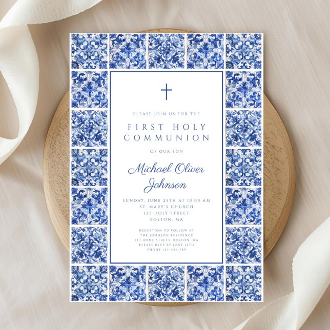 Elegant Cross Blue Tiles Boy First Communion Invitation (Elegant Cross Blue Tiles Boy First Communion Invitation)