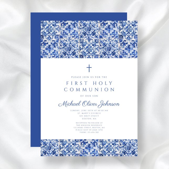 Elegant Cross Blue Tiles Boy First Communion Invitation (Elegant Cross Blue Tiles Boy First Communion Invitation)