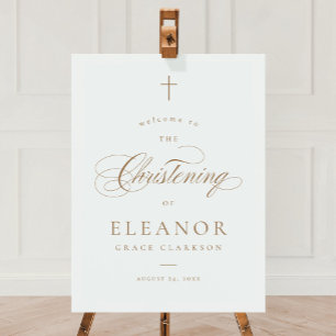 Elegant Cross Calligraphy Christening Welcome Sign