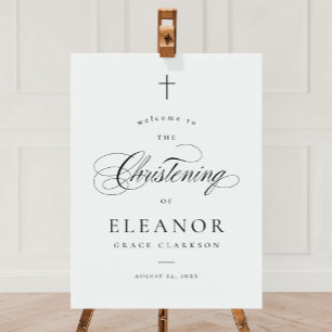 Elegant Cross Calligraphy Christening Welcome Sign