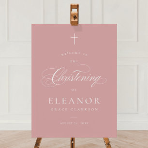 Elegant Cross Calligraphy Christening Welcome Sign