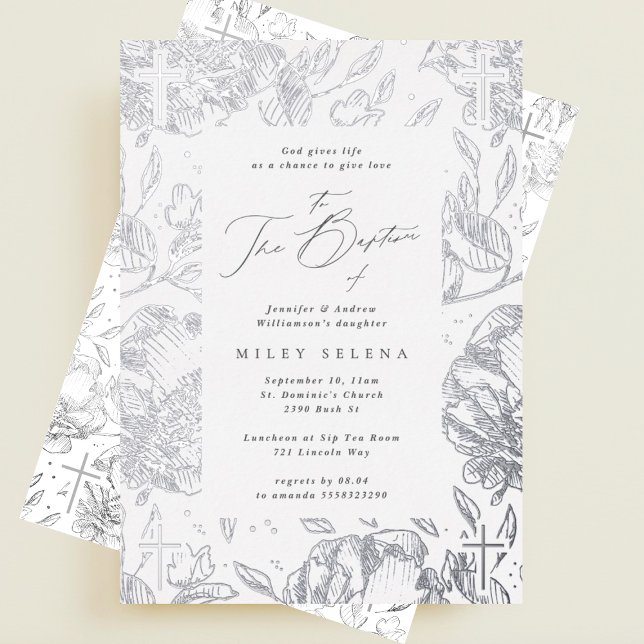 Elegant Cross Calligraphy Floral Silver Baptism Foil Invitation (Creator Uploaded)