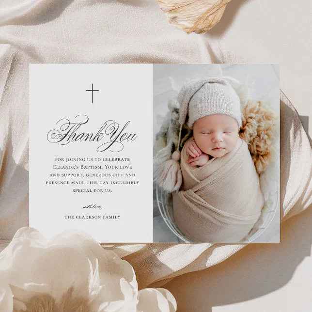 Elegant Cross Calligraphy Photo Baptism Thank You Card | Zazzle