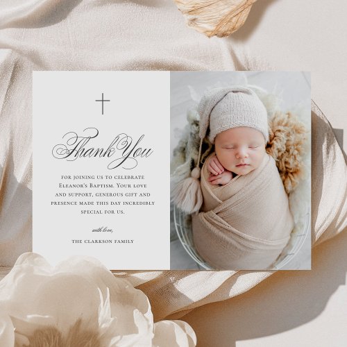 Elegant Cross Calligraphy Photo Baptism Thank You Card