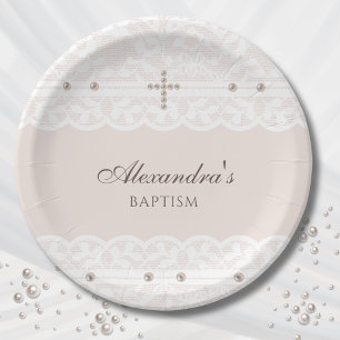 Elegant Cross Christening Christian Baptism Paper Plates
