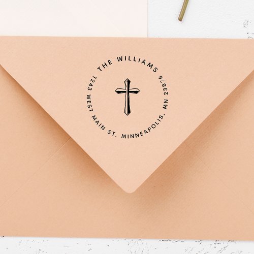 Elegant Cross Christian Family Return Address Rubber Stamp