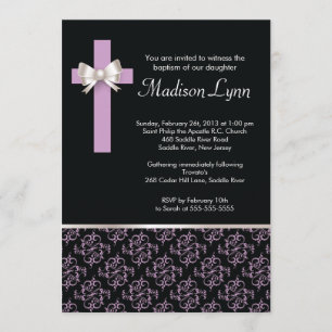Elegant Cross Damask Baptism   Christening Invitation
