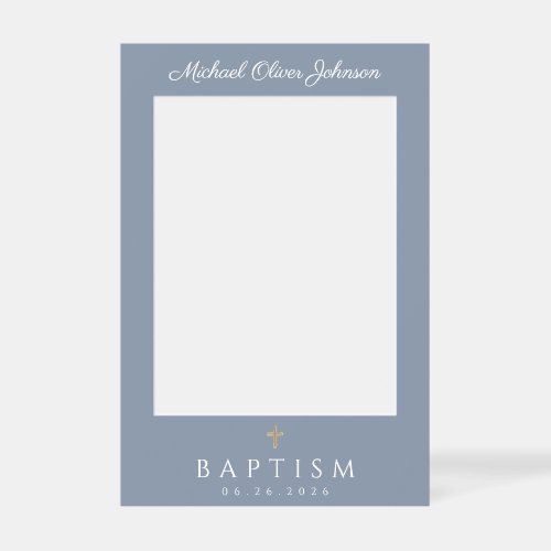 Elegant Cross Dusty Blue Boy Baptism Selfie Frame
