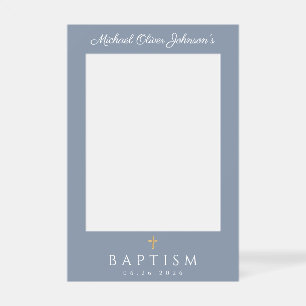 Elegant Cross Dusty Blue Boy Baptism Selfie Frame