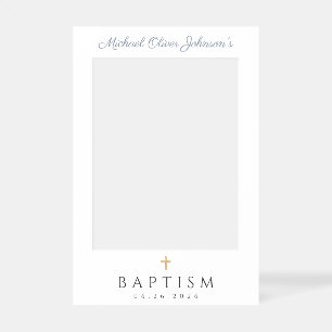 Elegant Cross Dusty Blue Script Baptism Selfie Frame