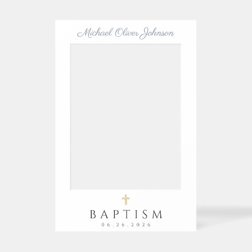Elegant Cross Dusty Blue Script Baptism Selfie Frame