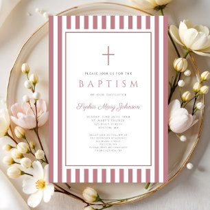 Elegant Cross Dusty Pink Girl Baptism Invitation