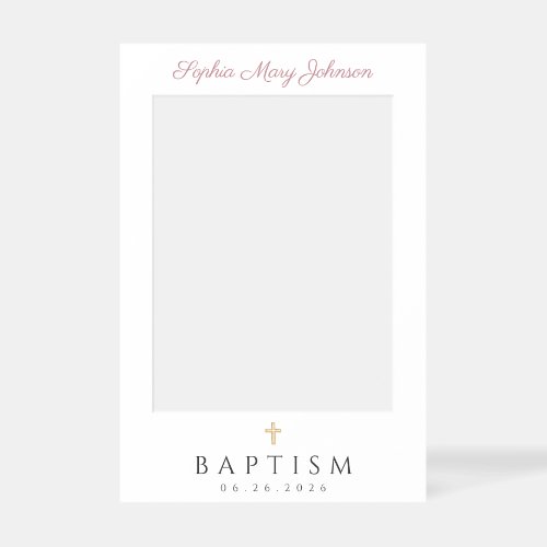 Elegant Cross Dusty Pink Script Giel Baptism Selfie Frame