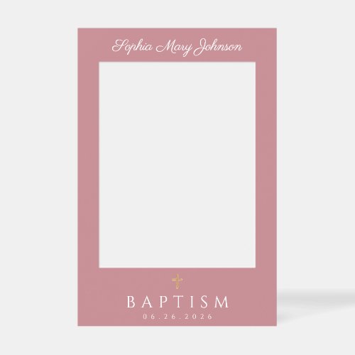 Elegant Cross Dusty Pink Script Girl Baptism Selfie Frame