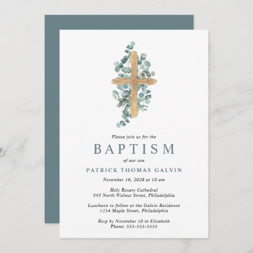 Elegant Cross Eucalyptus Greenery Baptism Invitation
