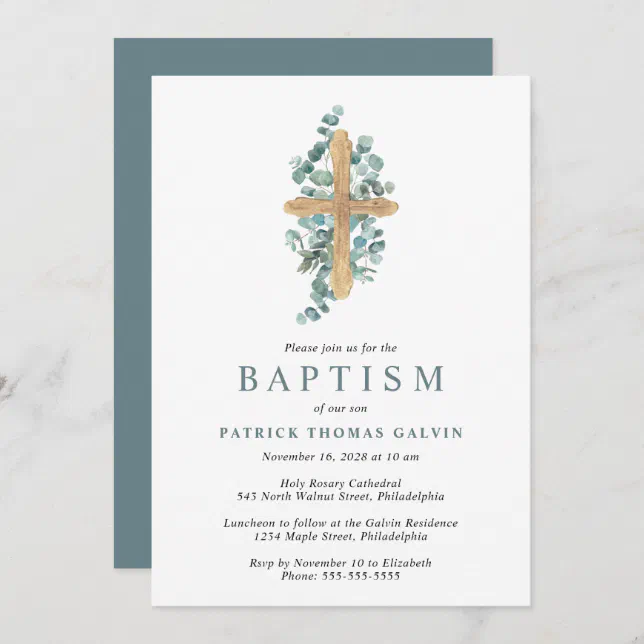 Elegant Cross Eucalyptus Greenery Baptism Invitation | Zazzle